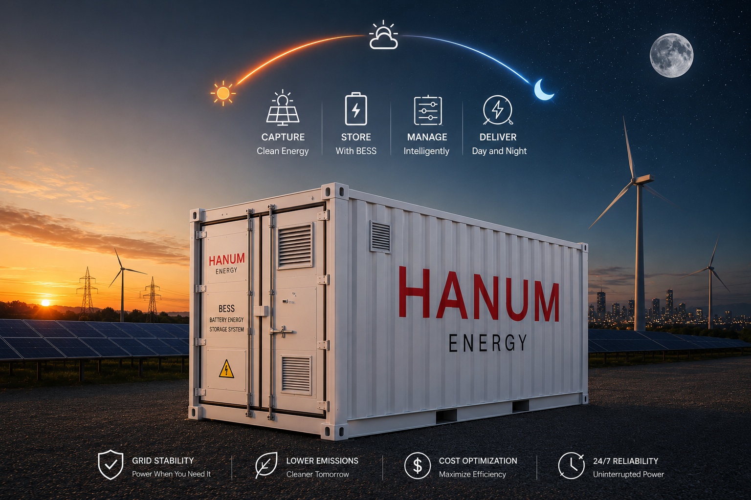 Hanum Energy battery energy storage system container with solar panels and wind turbines, capturing clean energy from day to night