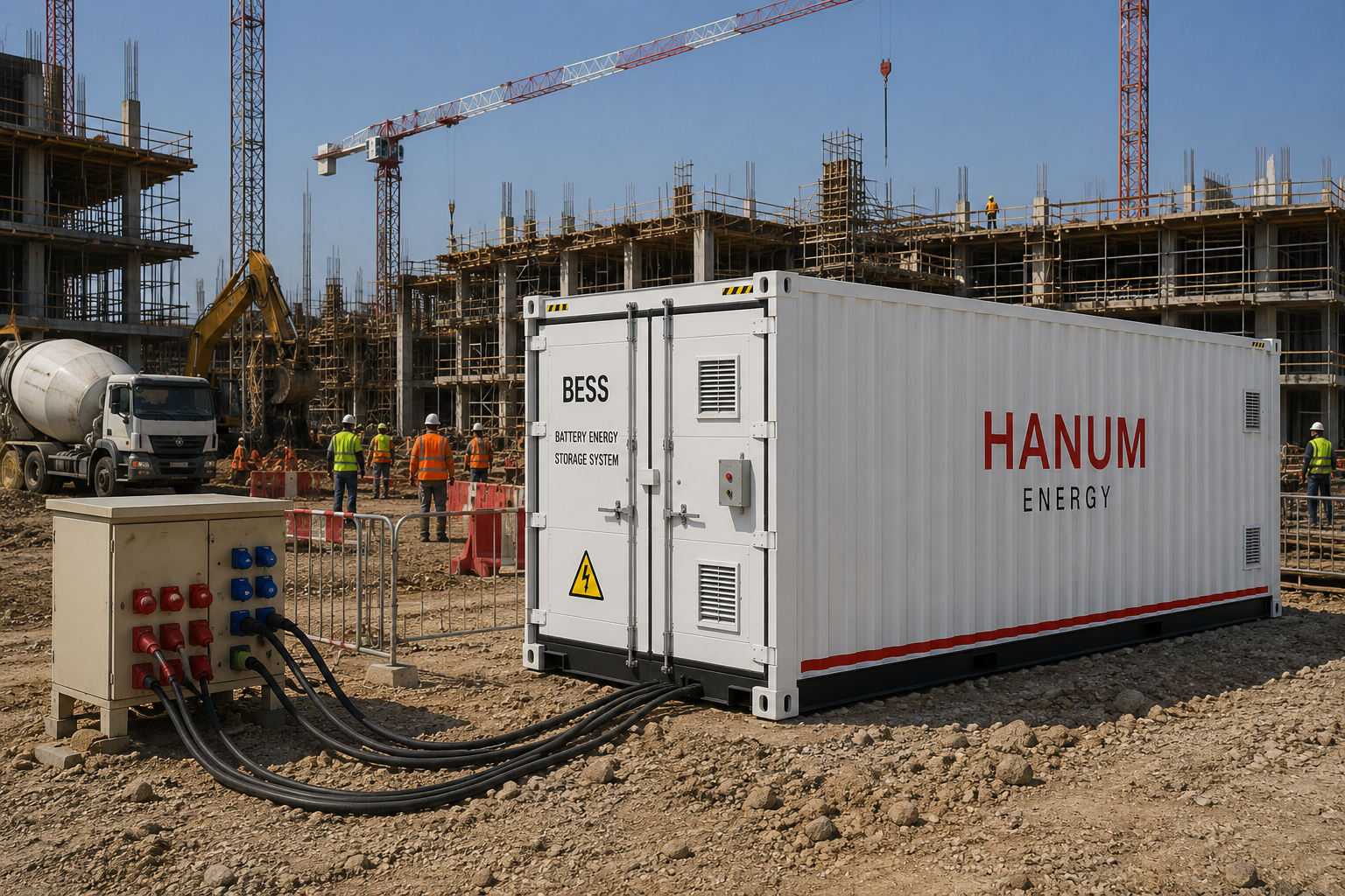Hanum Energy BESS container powering a construction site, connected to the site distribution board
