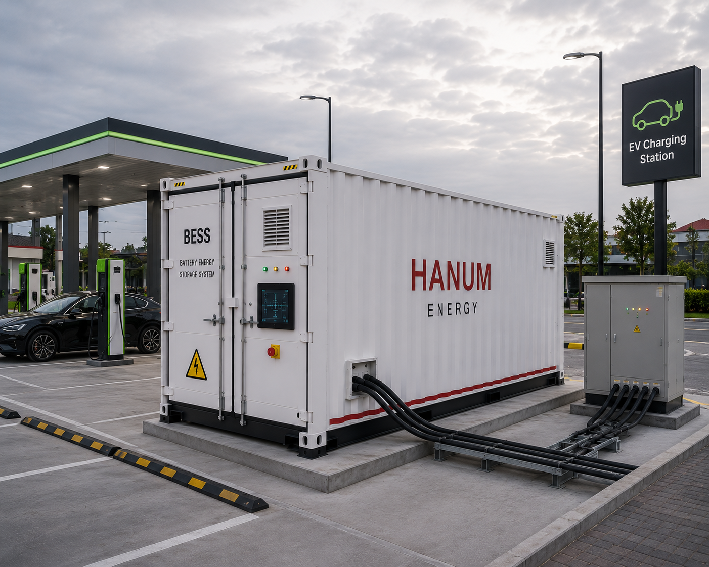 Hanum Energy battery storage buffering an EV fast-charging station