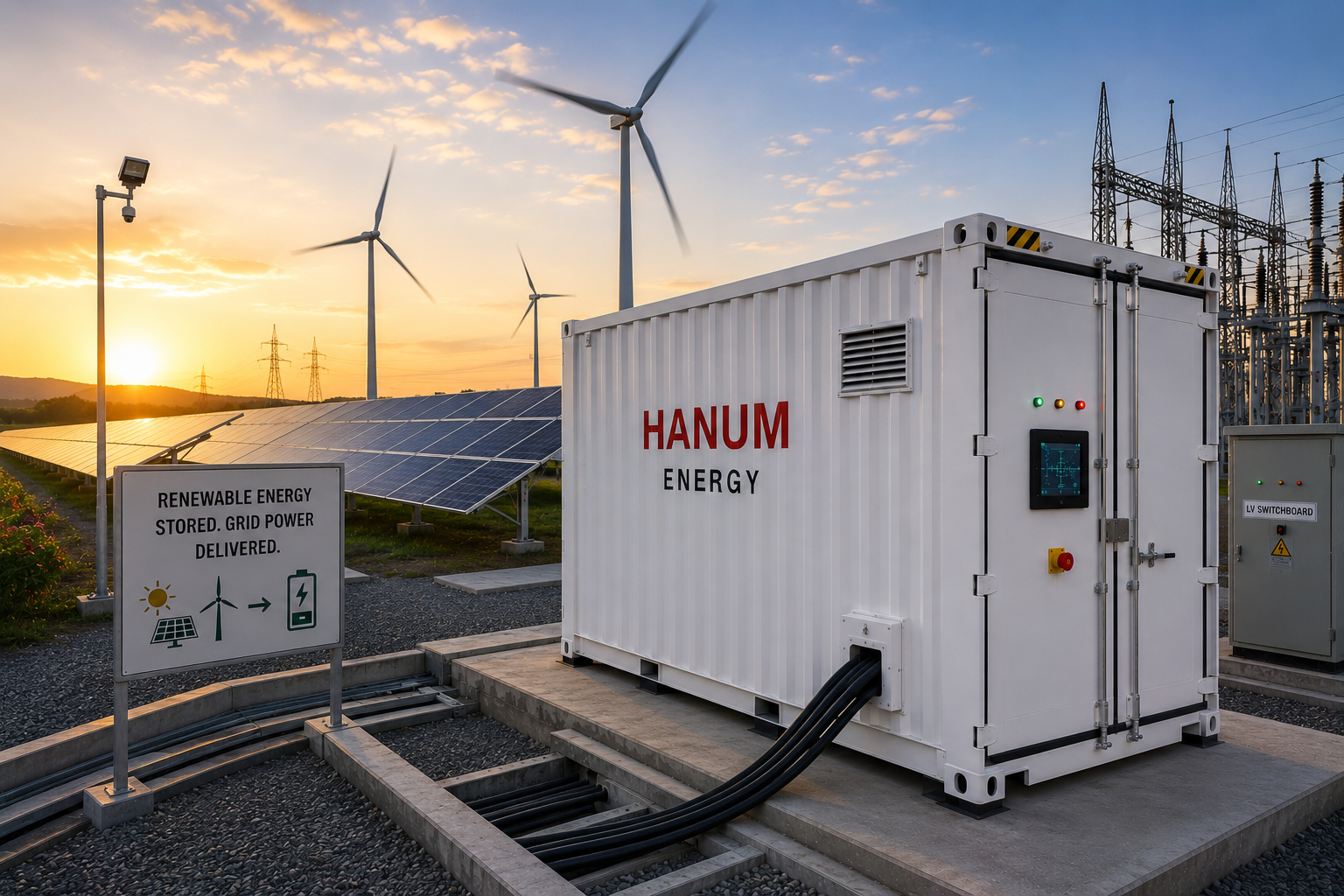 Hanum Energy BESS container at a solar and wind renewable power plant